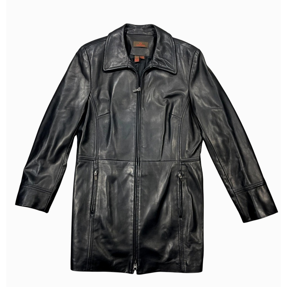 Vtg Danier Leather Coat Womens Large Collared Zip Front Long Jacket Trench Black
